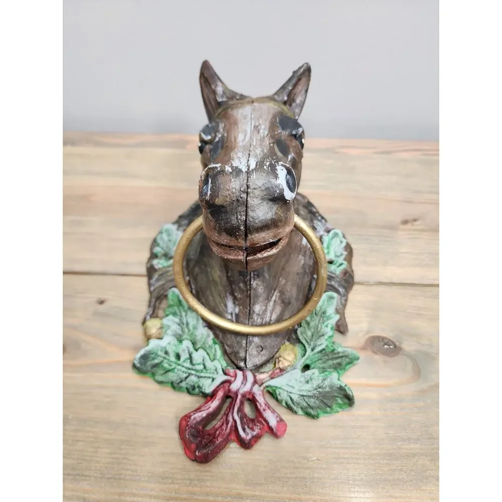 Vintage Large Cast Iron Horse Head Hand Painted Door Knocker or Tie Ring - 11